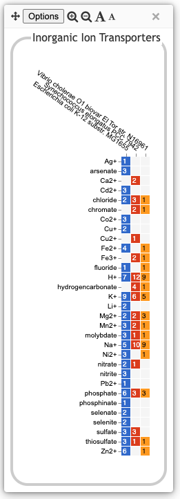A popup box labeled Inorganic Ion Transporters,
	    containing a rectangular grid of colored boxes, where each row is
	    labeled with a different ion, and each column labeled
	    with an organism name. A box is colored if the organism has at
	    least one transporter for the specified ion. Each colored
	    box also contains a number, indicating the number of
	    transporters for that substrate.